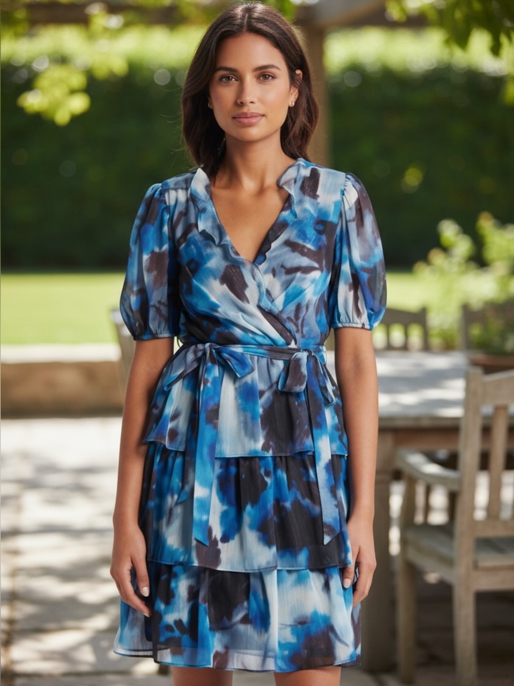 Julia Jordan Abstract Print Tiered Dress Blue NWT Size 10